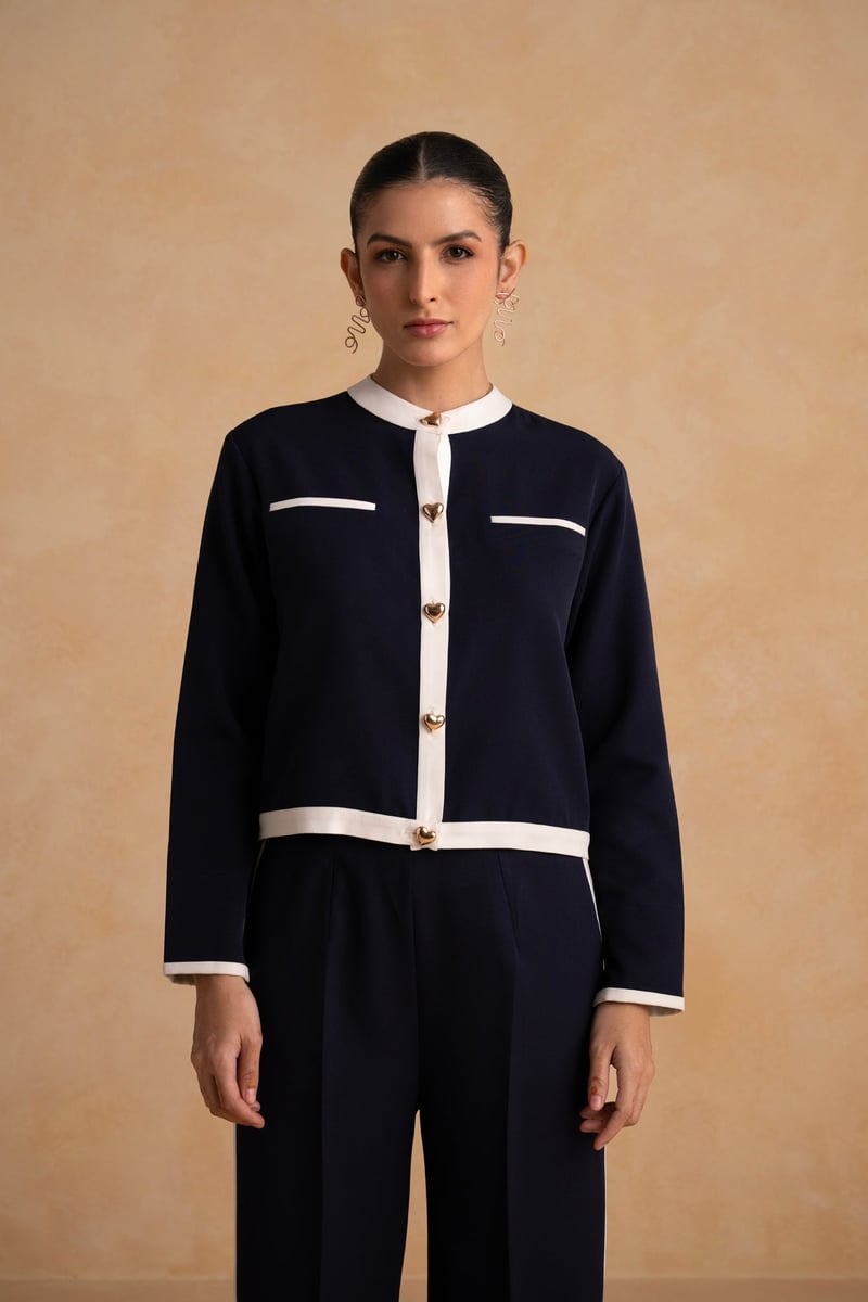 Navy Blue Contrast Trim Co-ord Set with Wide-Leg Pants