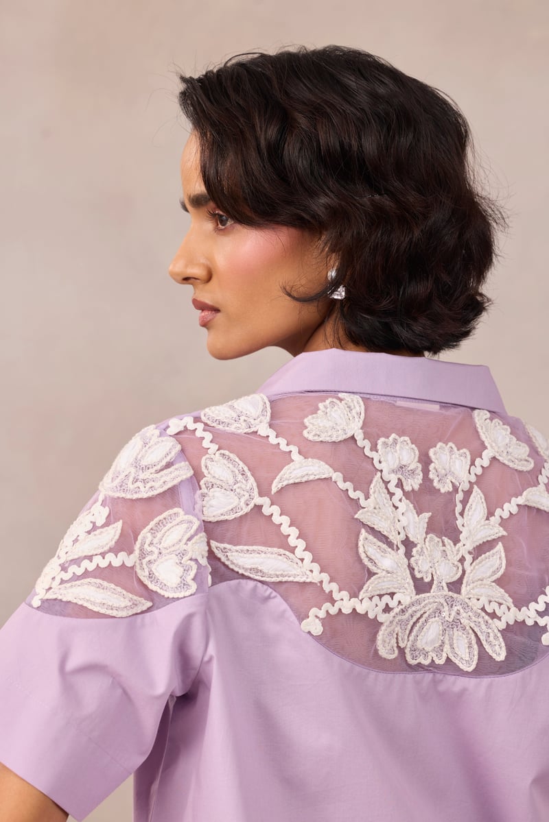 Sweet Lavender Cotton Poplin Shirt With Embroidered Yoke