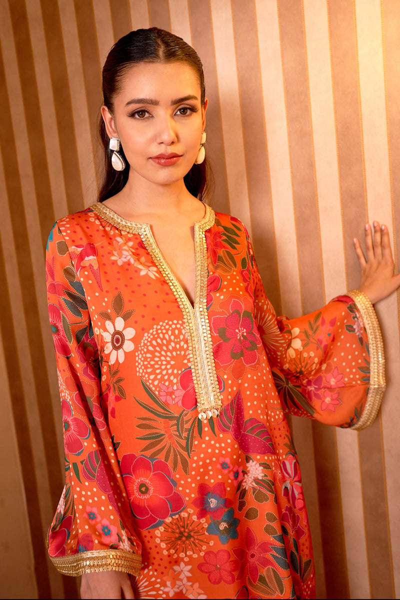 Orange Floral Printed Georgette Satin Long Kaftan