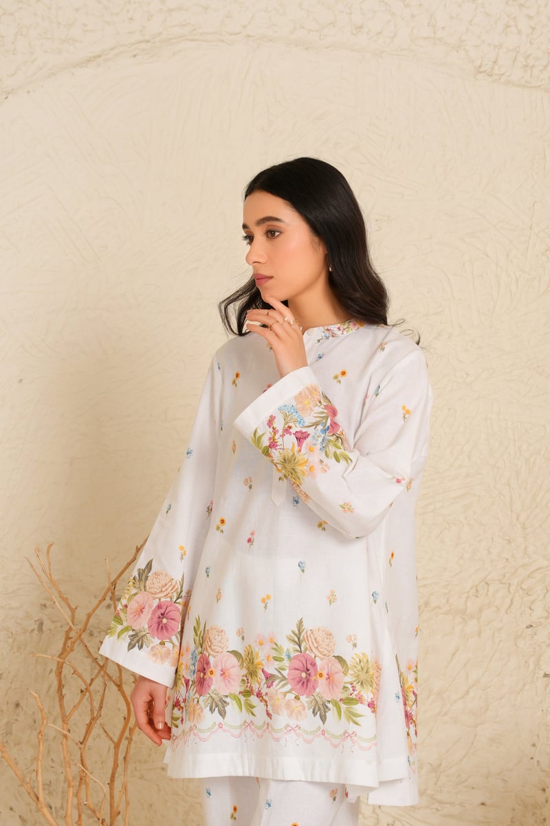 White Cotton Linen Floral Kurta and Trouser Set