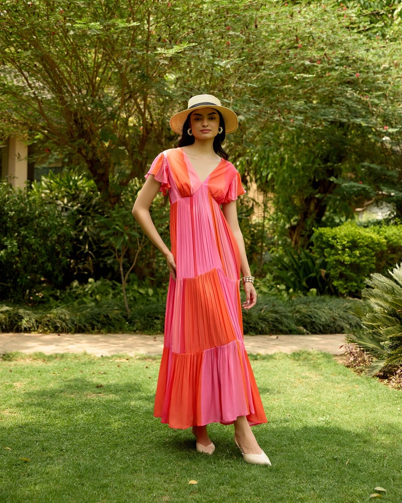 Pink and Orange Colorblocked Tiered Maxi Dress