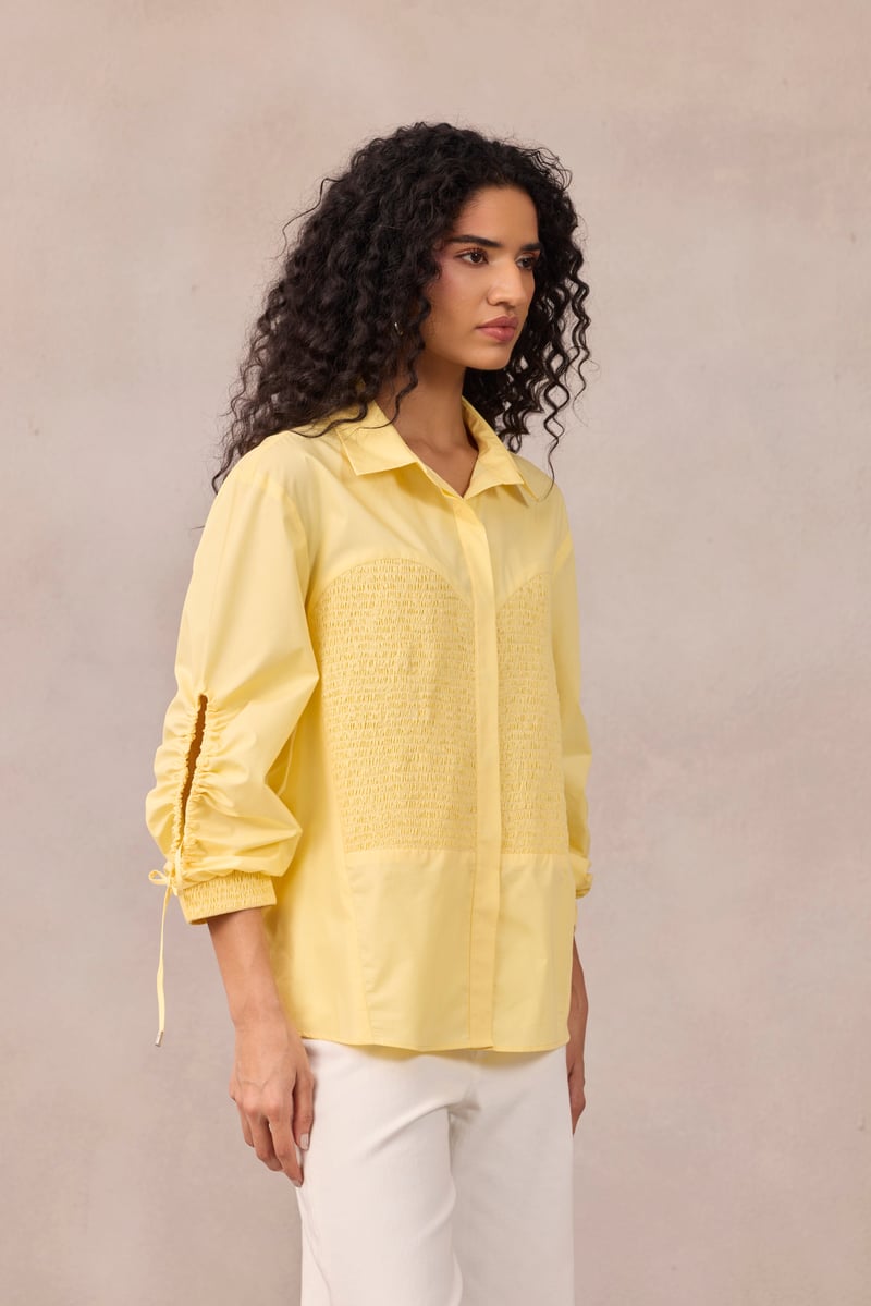 Lemon Sorbet Smocked Poplin Shirt with Ruched Sleeves