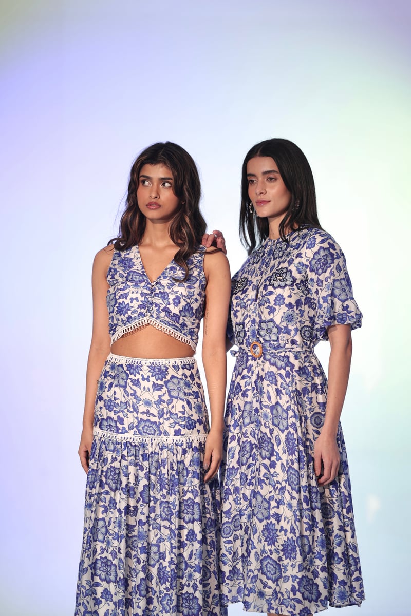 White/Blue Floral Crop Top and Maxi Skirt Co-ord Set