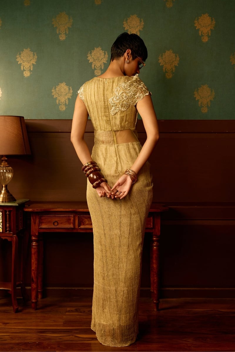 Sage Metallic Crinkle Tissue One-Shoulder Drape Gown