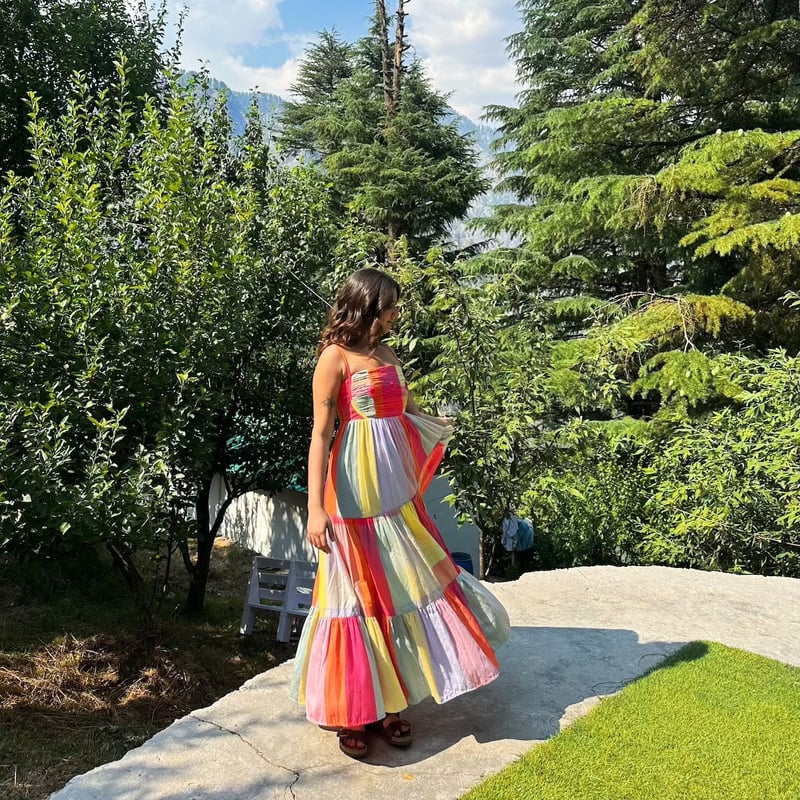 Multicolor Colorblocked Tiered Maxi Dress with Square Neck