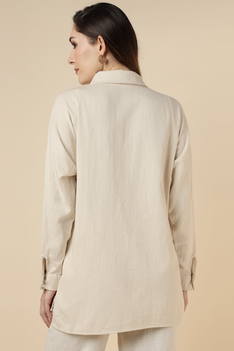 Natural Beige Embellished Longline Cotton Shirt