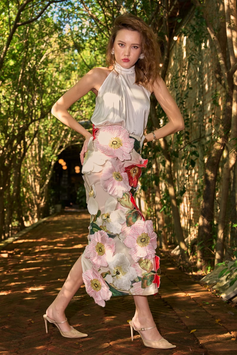 Ivory Satin Halter Top and 3D Floral Midi Skirt Co-ord Set