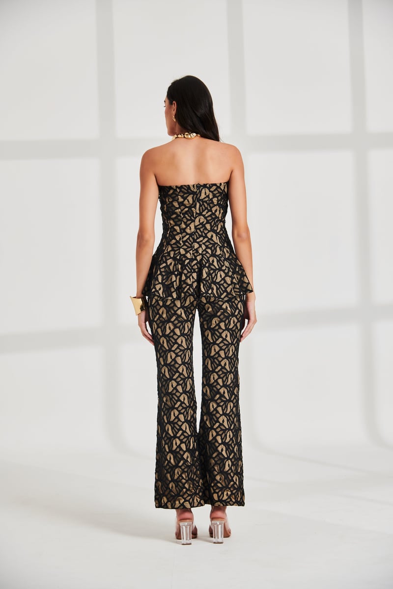 Black Cutwork Lace High-Waist Bell Bottom Trousers