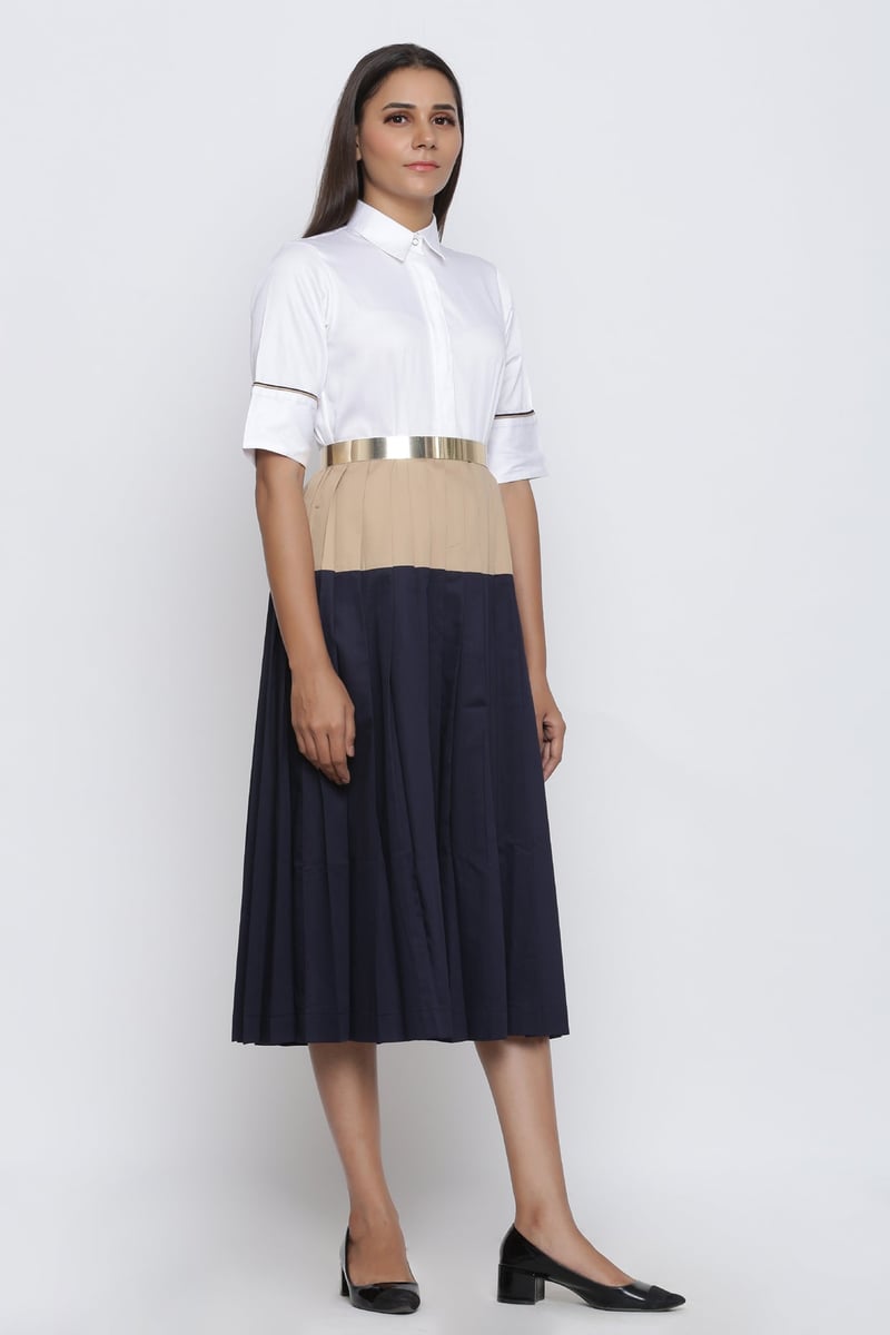 Colorblock Pleated Midi Shirt Dress