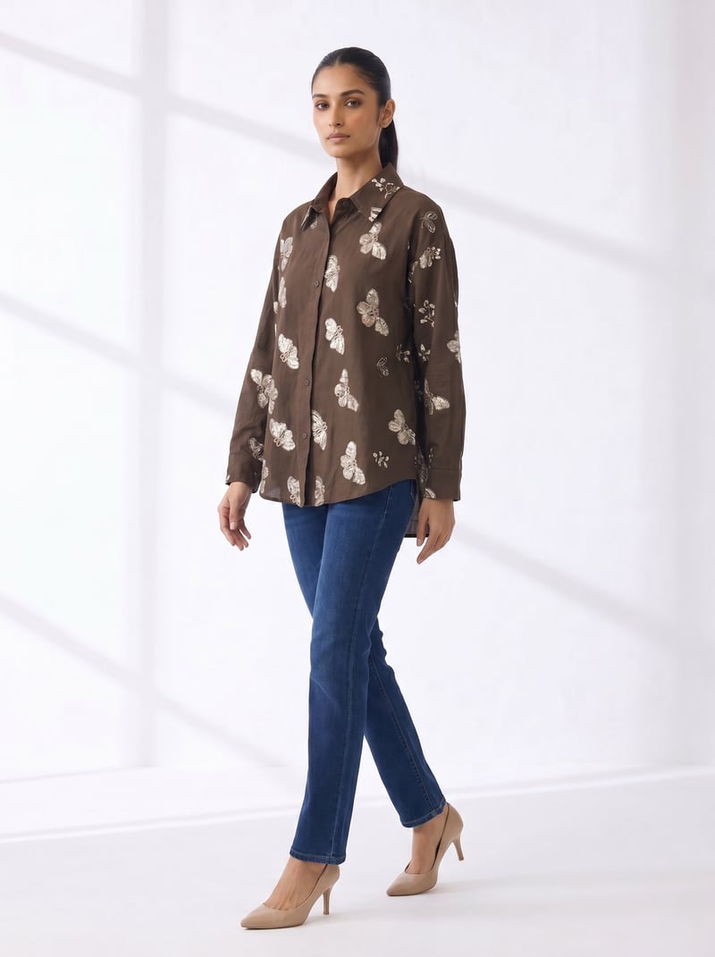Brown Butterfly Print Linen Button-Down Shirt