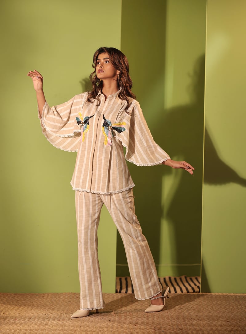 Beige and White Striped Cotton Straight-Leg Trousers