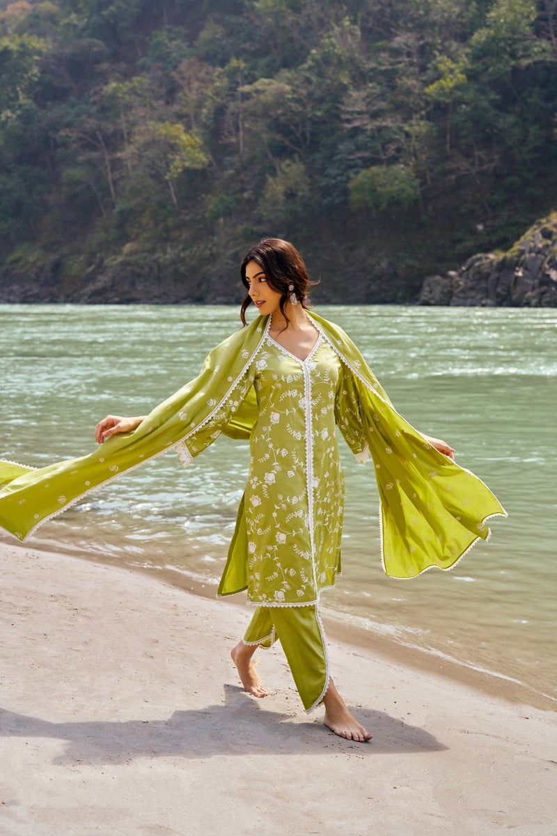 Green Cotton Embroidered Kurta Set with Lace Trim