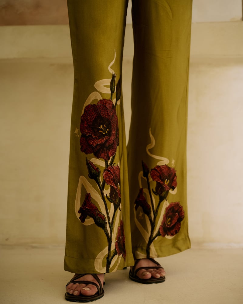 Sage Green High-Waist Wide-Leg Floral Print Pants