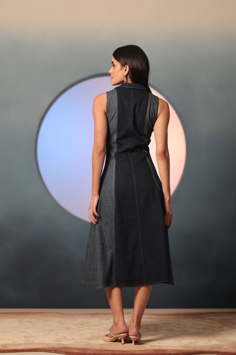 Two-Tone Blue Denim Zip-Front Midi Dress