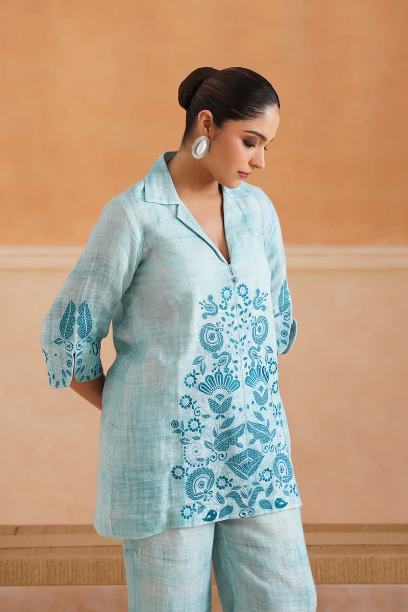 Aqua Blue Linen Embroidered Kurta Co-ord Set