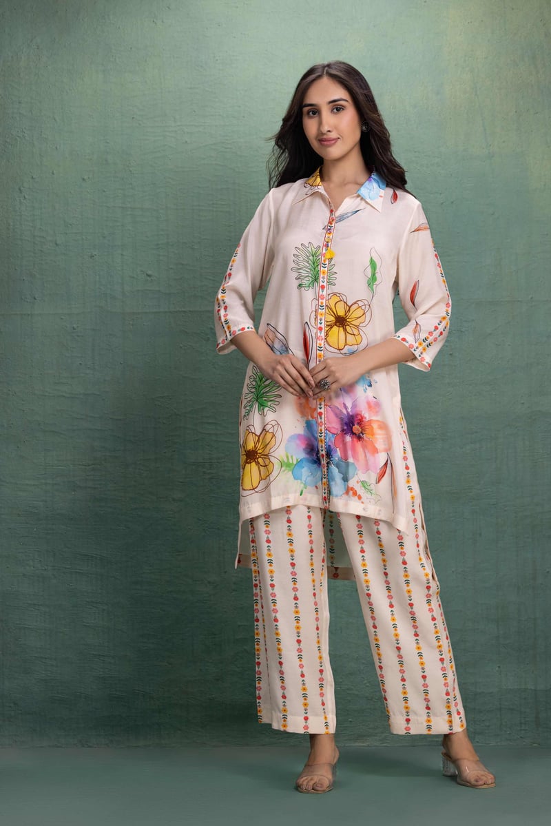 Beige Floral Printed Kurta and Pants Co-ord Set
