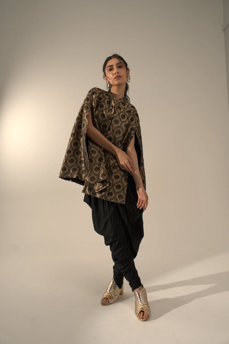 Black and Gold Metallic Brocade Cape Jacket — Cloth Haus