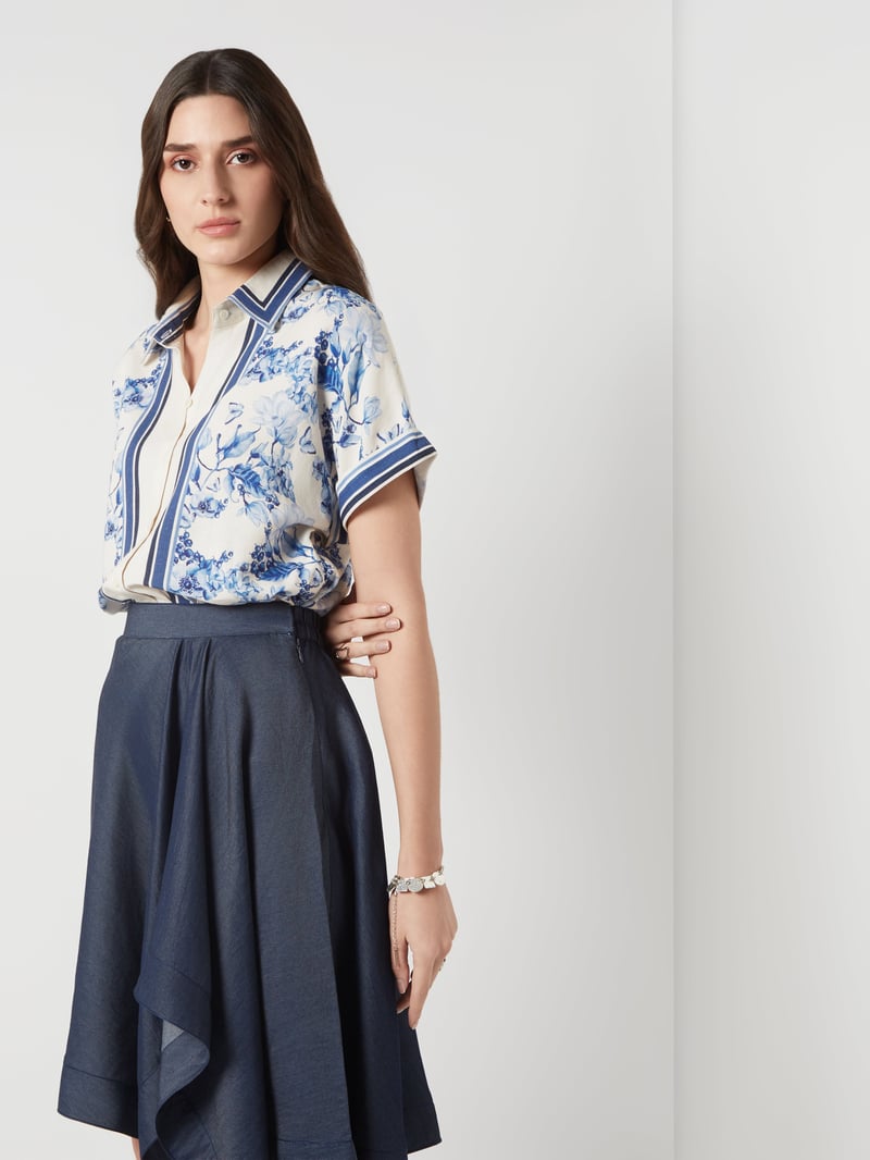 Cream and Navy Floral Border Print Cotton-Linen Shirt