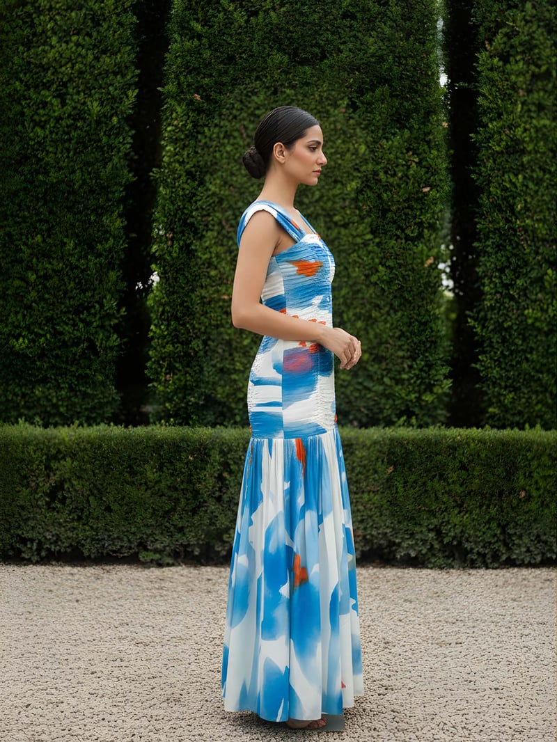 Blue Abstract Printed Ruched Tiered Maxi Dress