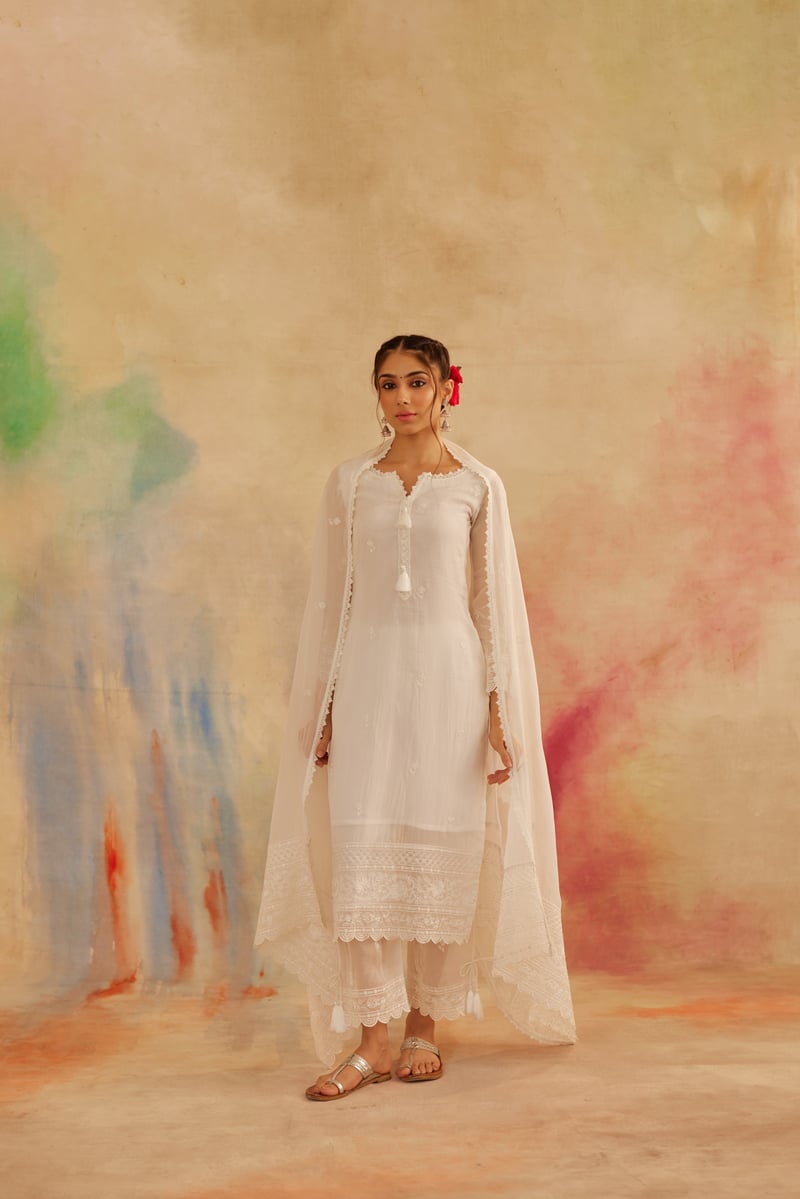 Ivory White Organza Embroidered Straight Suit Set — NARAYANI VASTRA