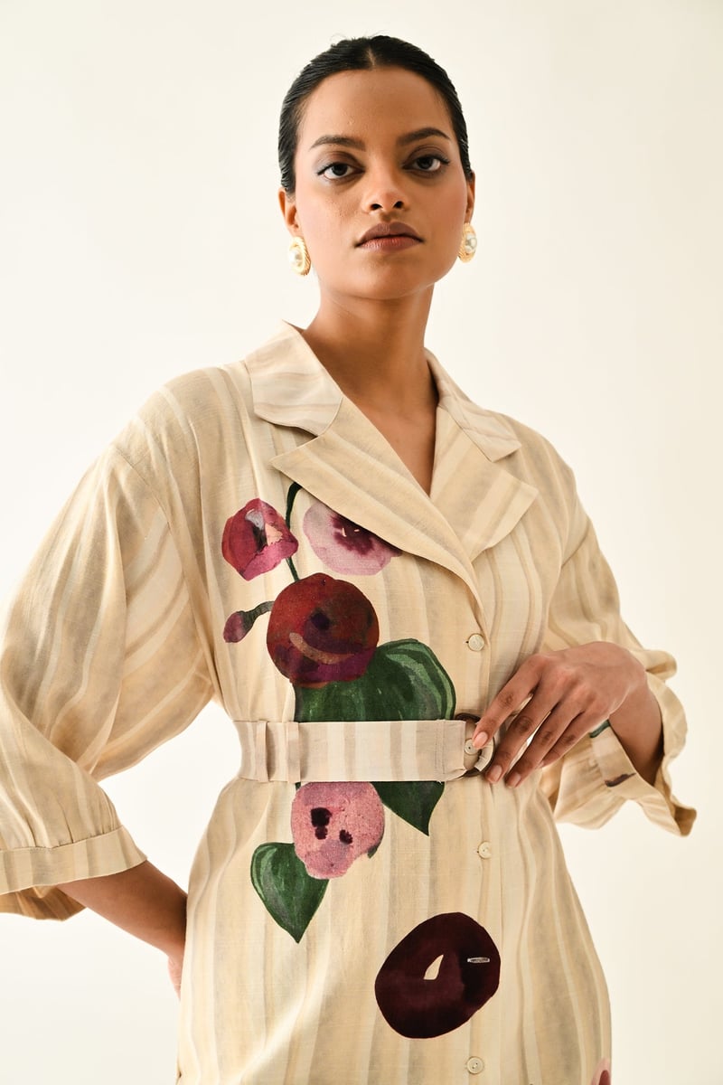 Off White Abstract Print Belted Midi Trench Shirt Dress