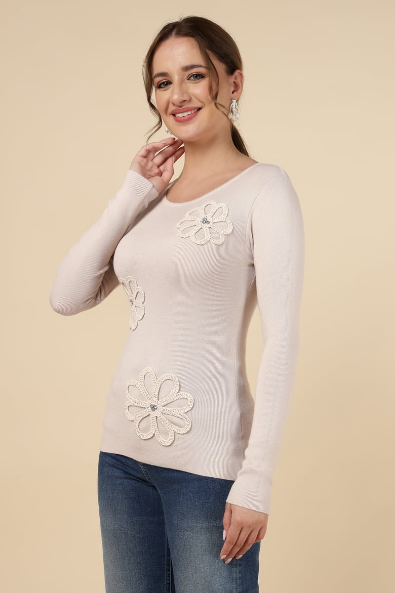 Beige Rib-Knit Pullover Sweater with Floral Applique