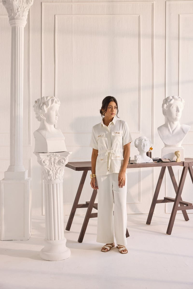 Off-White Crepe Shirt and Wide-Leg Pants Co-ord Set