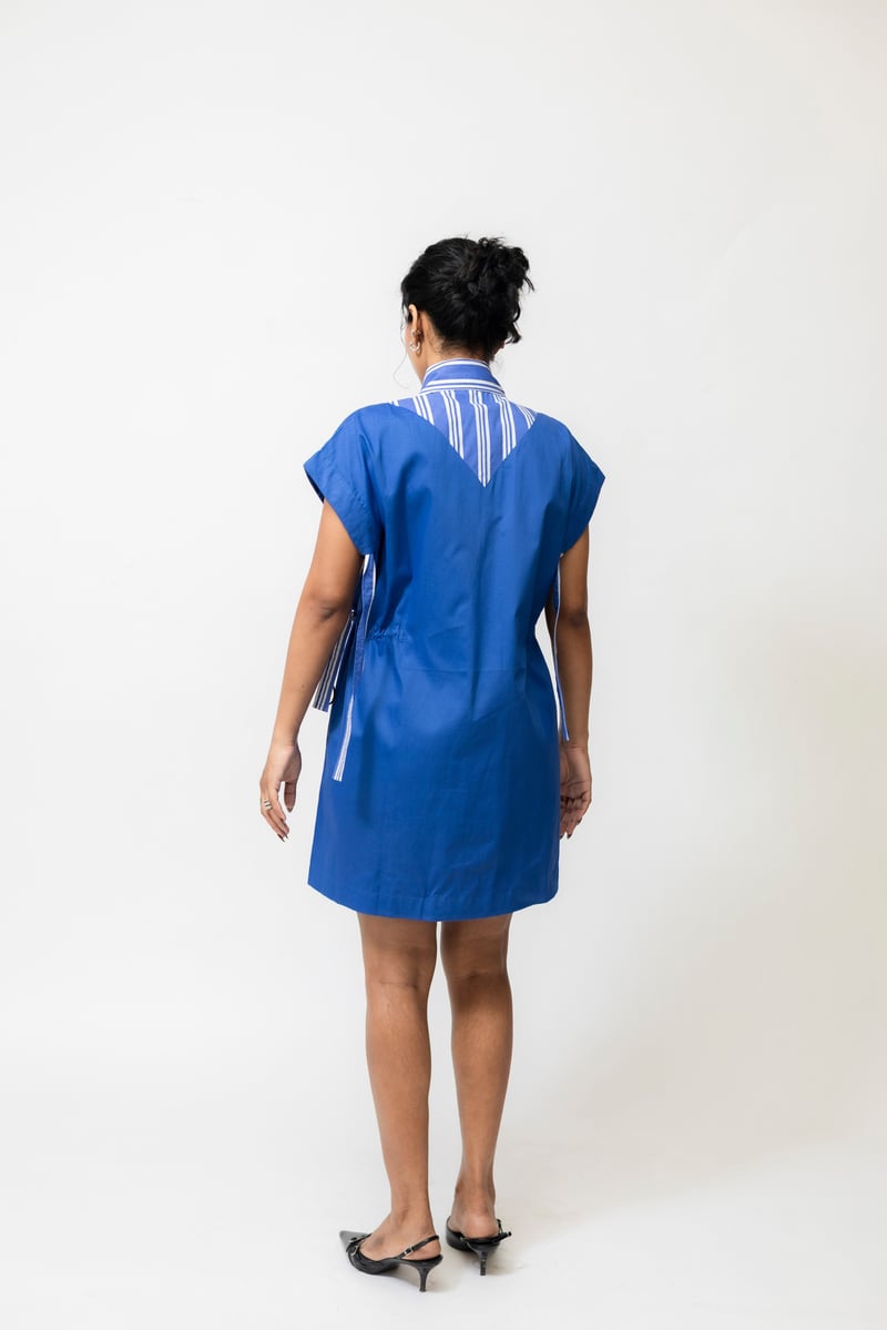 Blue Cotton Mini Shirt Dress with Adjustable Cinch Waist