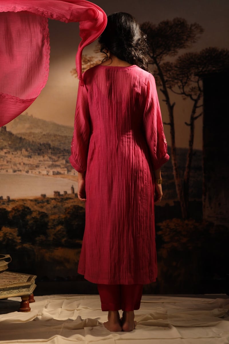 Hot Pink Embroidered Yoke Kurta Set with Pants and Slip