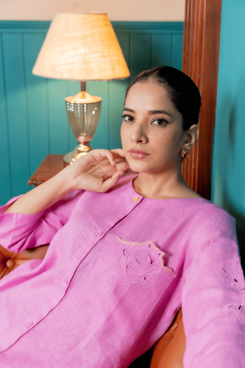 Purple Linen Straight Kurta Set with Floral Cutwork