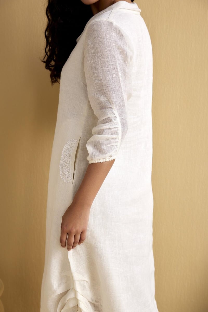 Off White Linen V-Neck Midi Dress with Pockets