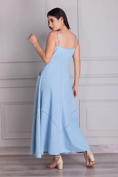 Blue Denim Button-Down A-Line Maxi Dress
