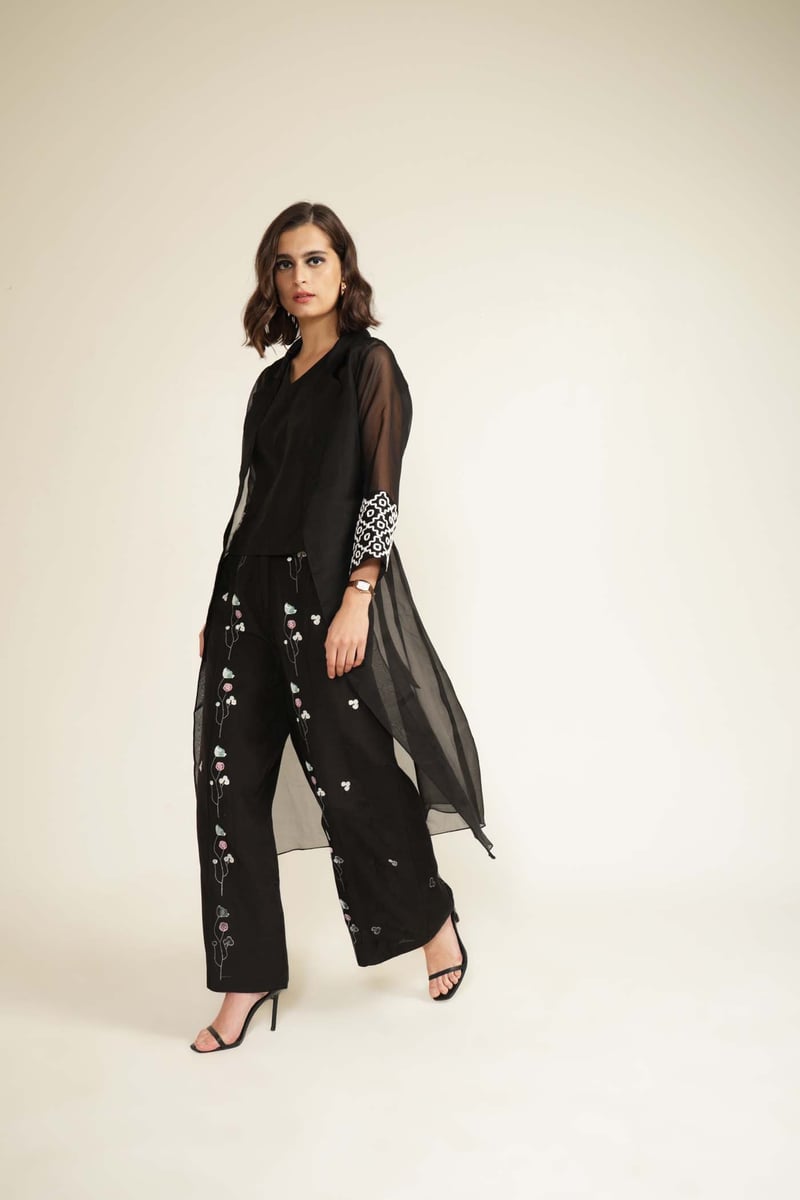 Black Organza Jacket, Top and Wide-Leg Pants Co-ord Set