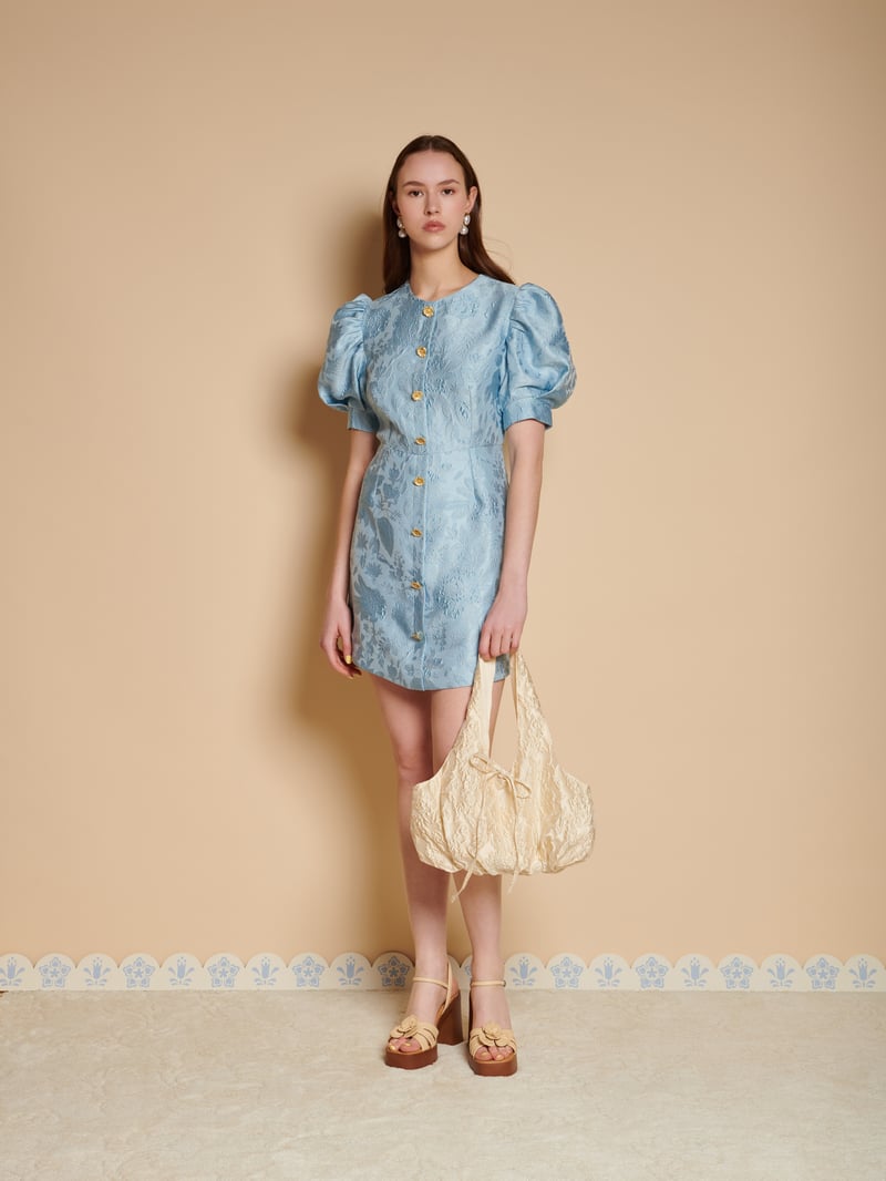 Blue Floral Jacquard Puff Sleeve Mini Dress