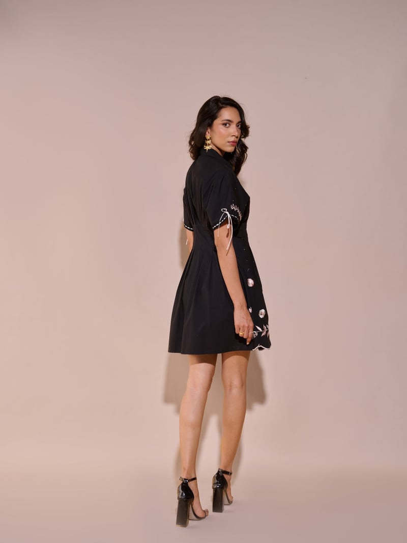 Black Embroidered Fit and Flare Mini Shirt Dress