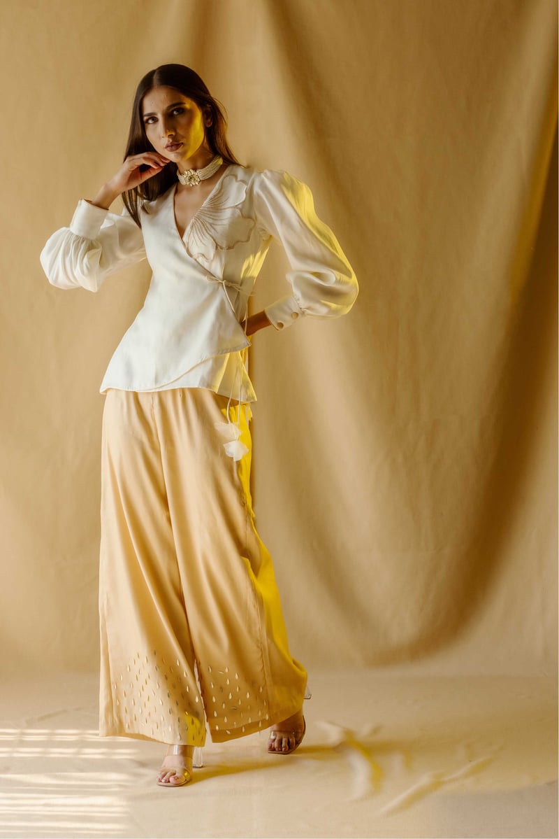 Cream Angrakha Wrap Top and Wide-Leg Pants Co-ord Set