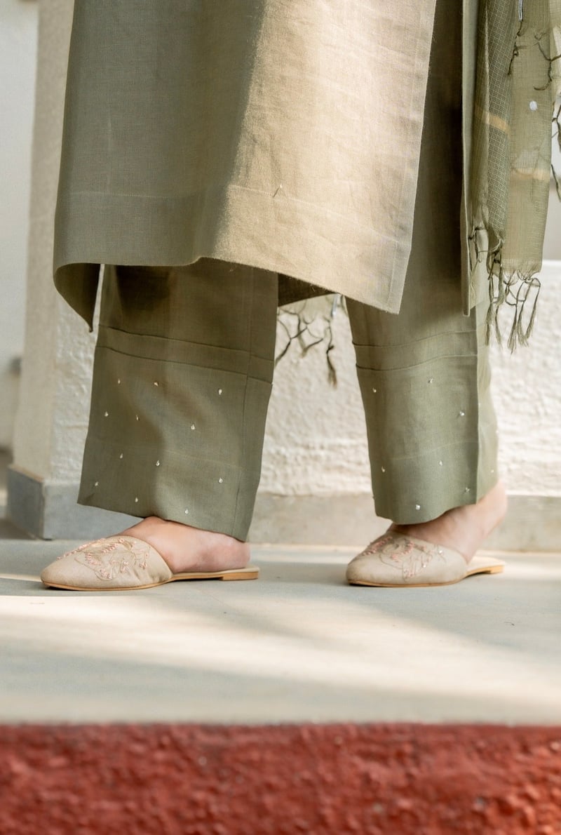 Olive Green Linen Straight Kurta Set with Dupatta