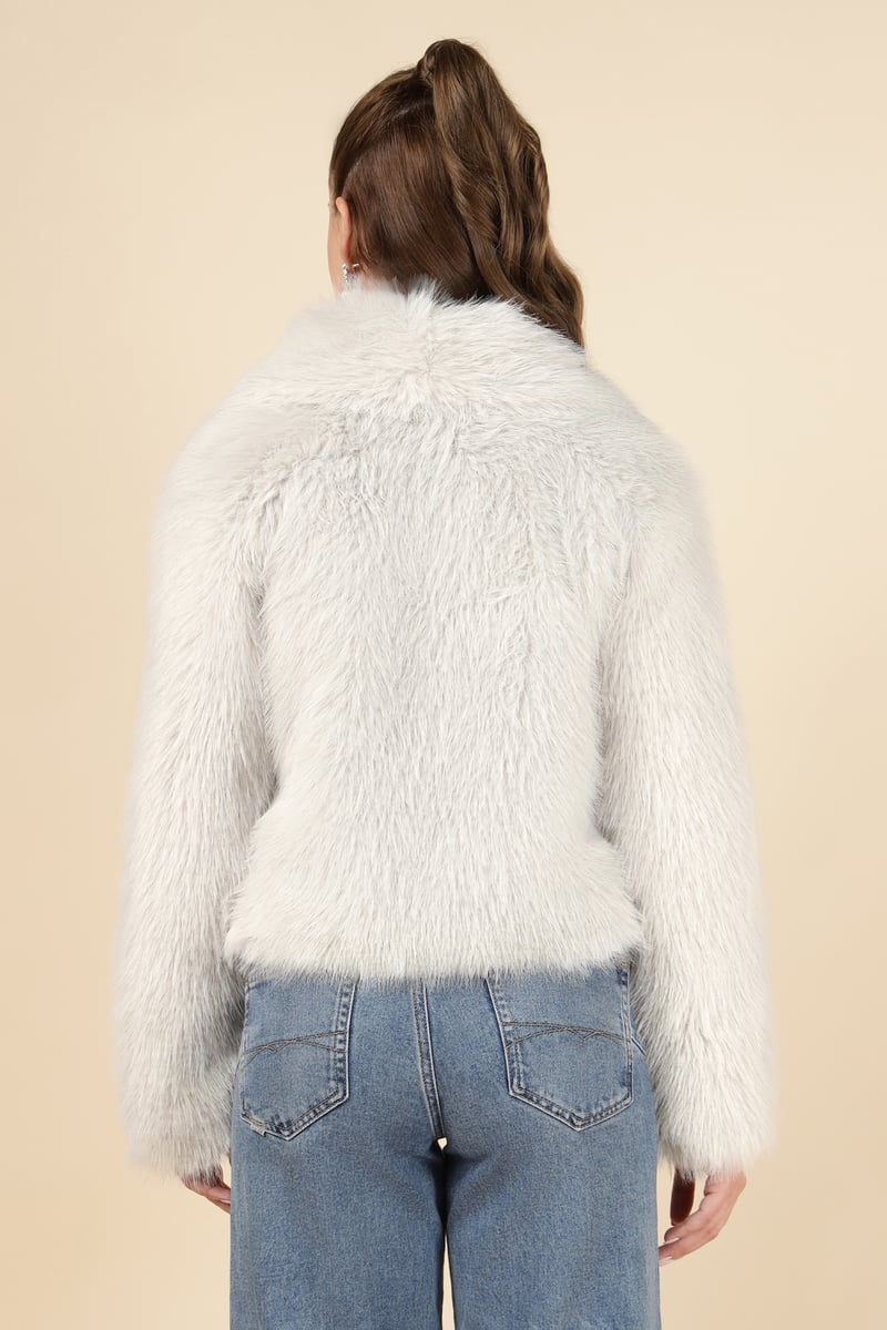 Beige Cropped Faux-Fur Jacket with Lapel Collar