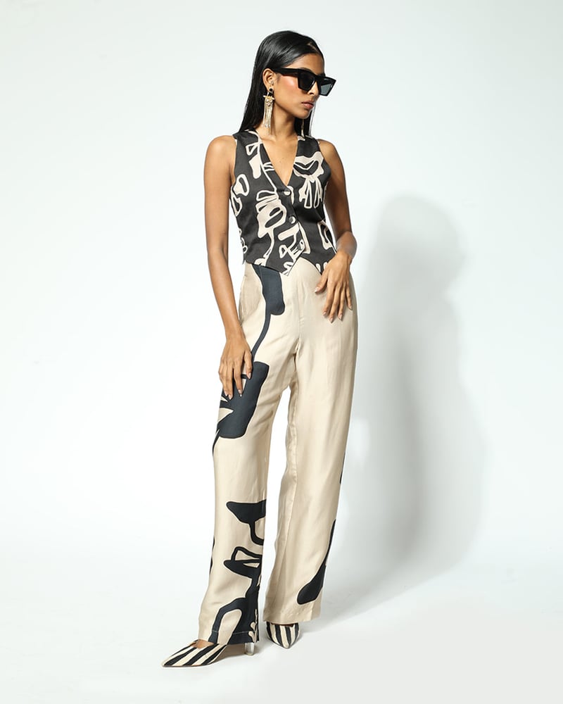 Black and Beige Abstract Print Button-Front Waistcoat — Missy Co.