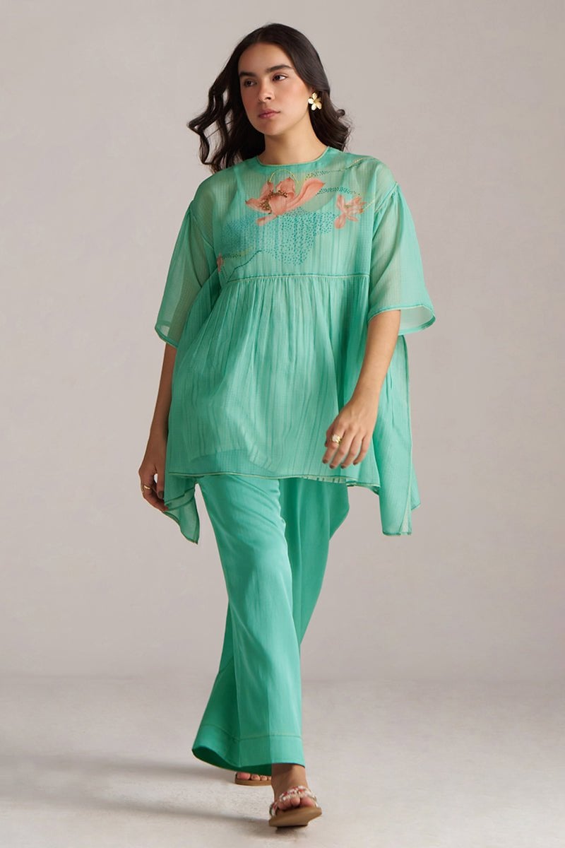 Bright Aqua Kota Silk Co-ord Set with Wide-Leg Pants