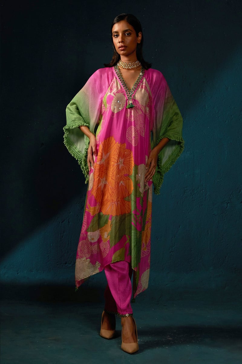 Pink Floral Printed Asymmetrical Kurta Set with Cape Sleeves — Basil Leaf