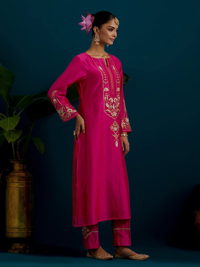 Fuchsia Notched Neck A-Line Kurta and Pant Set