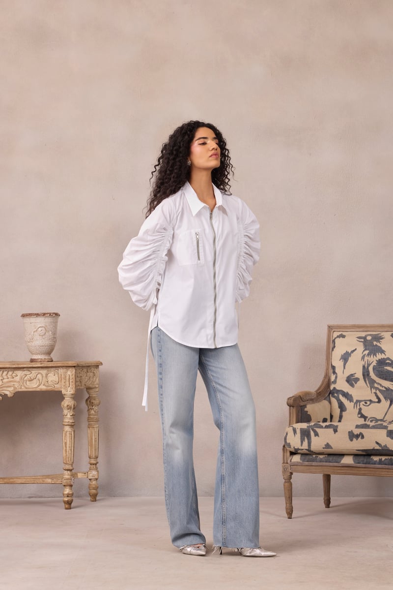 Lavender Ruched Sleeve Zip-Front Shirt