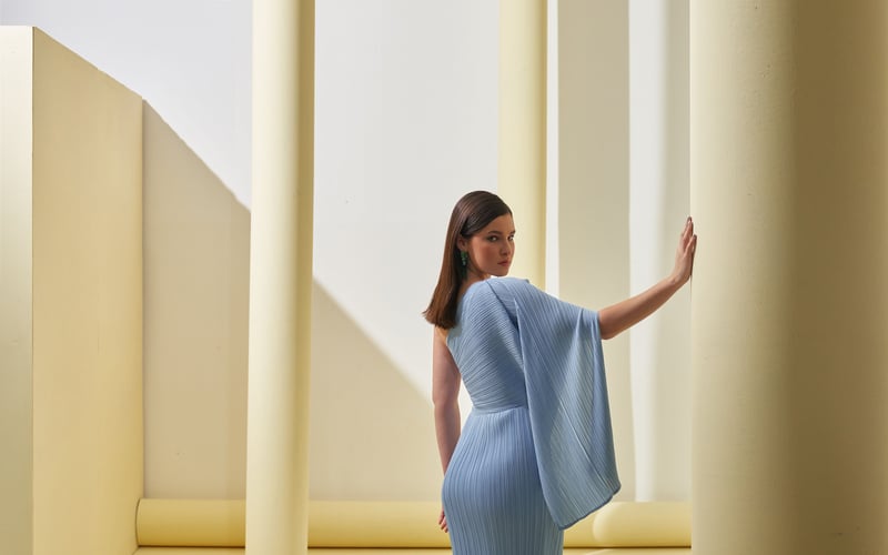 Powder Blue One-Shoulder Pleated Midi Dress