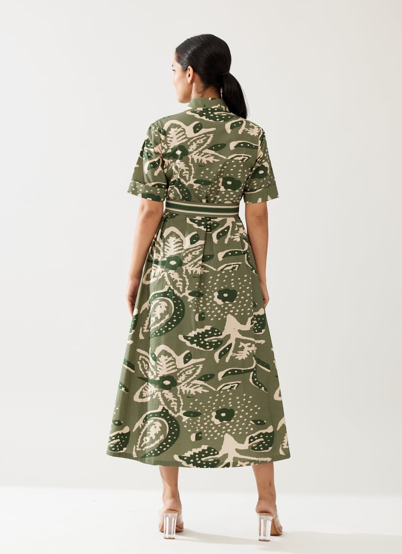 Green And Cream Floral Shirt Dress