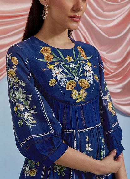Cobalt Blue Floral Printed Fit and Flare Midi Dress