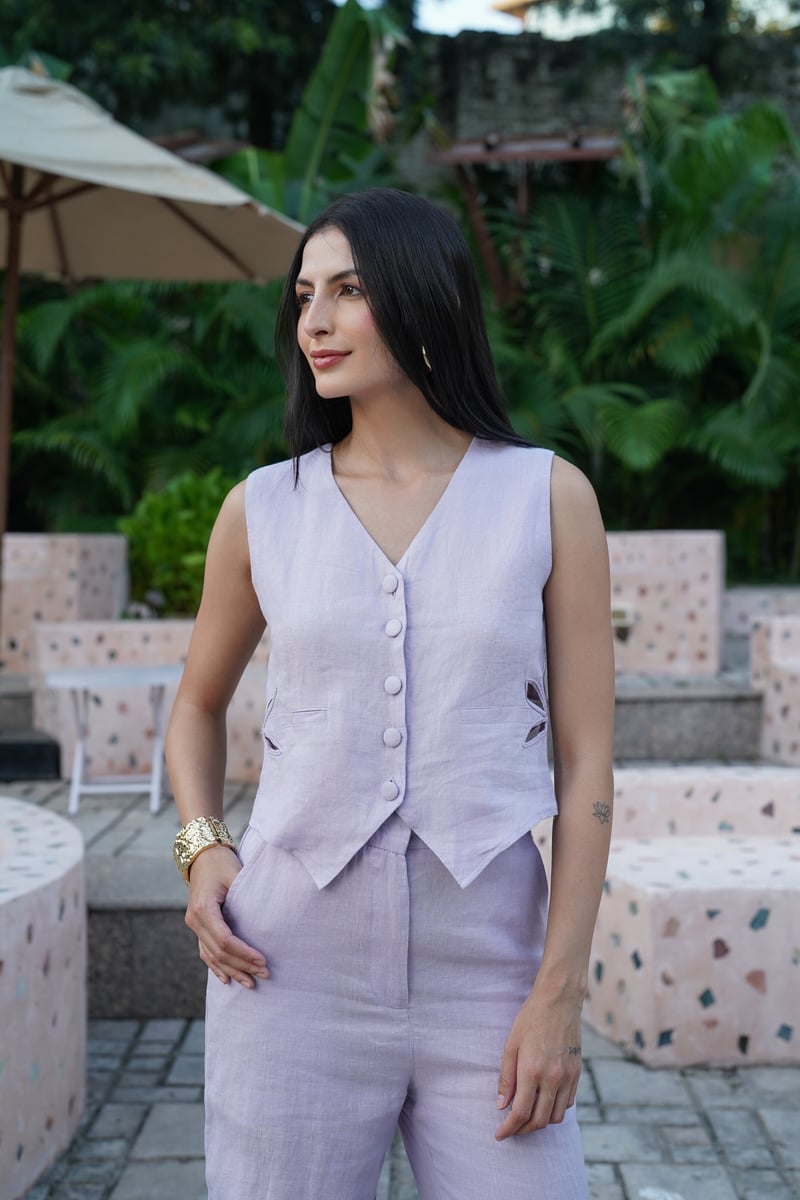 Lilac Linen High-Rise Straight-Leg Pants with Cutwork