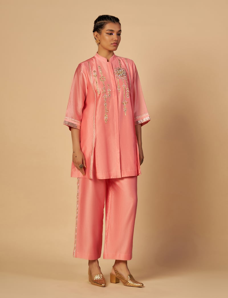 Pink Silk Chanderi Boxy Shirt with Gota and Sequin Work
