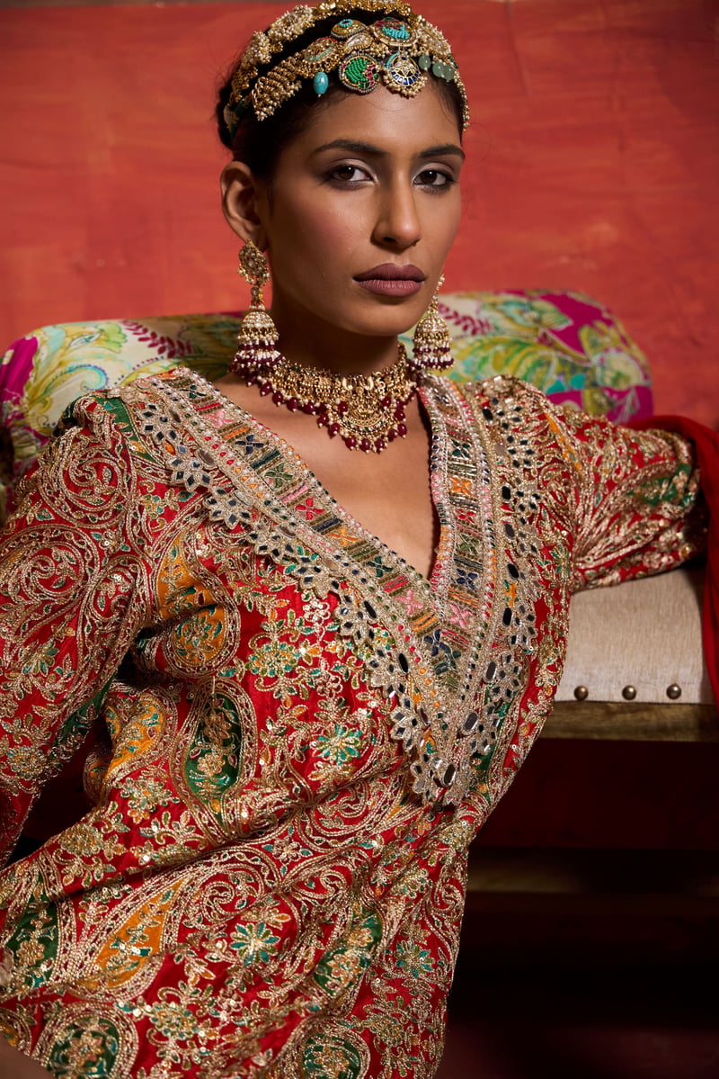 Red Paisley Embroidered Kurta Set with Dupatta