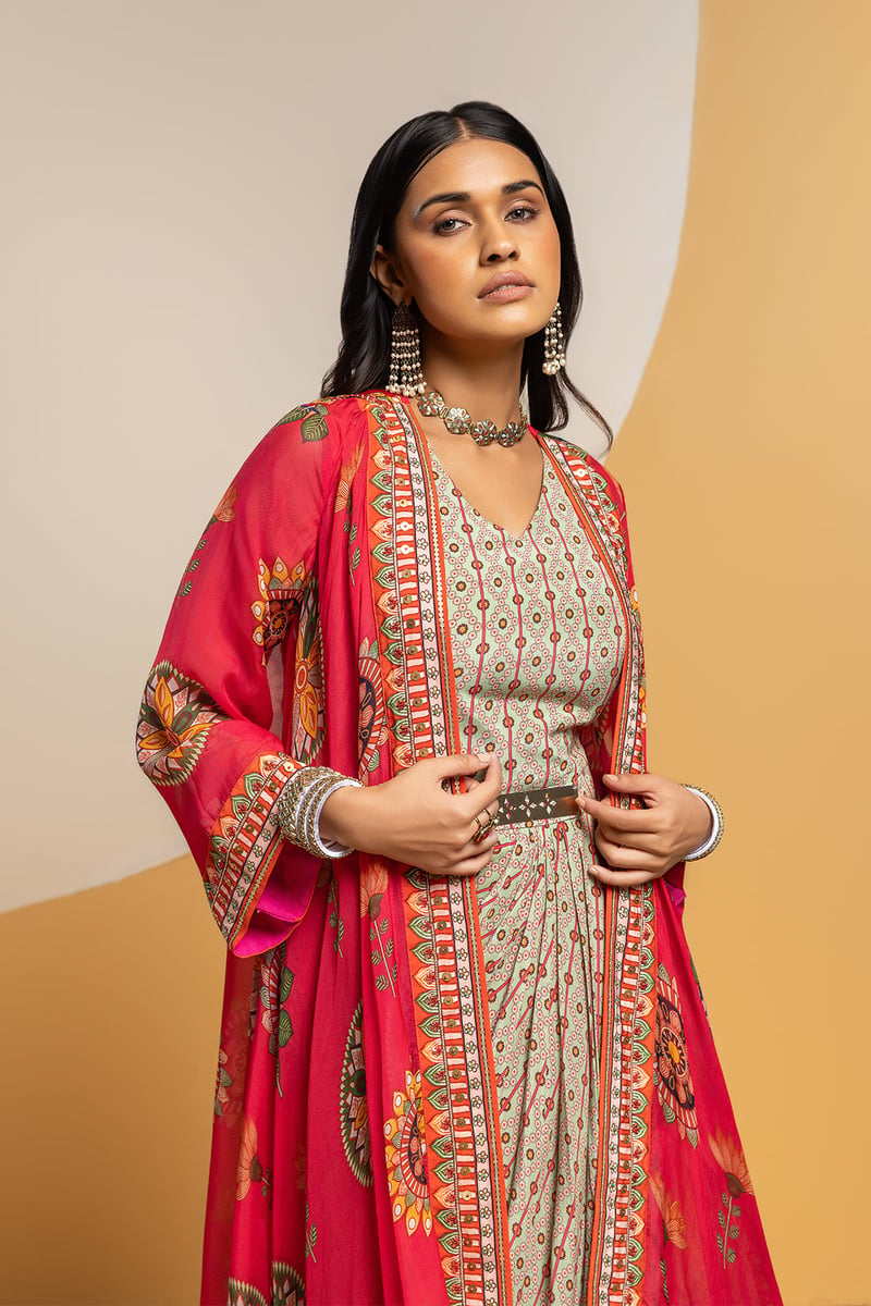 Multicolor Printed Drape Midi Dress Set With Organza Jacket